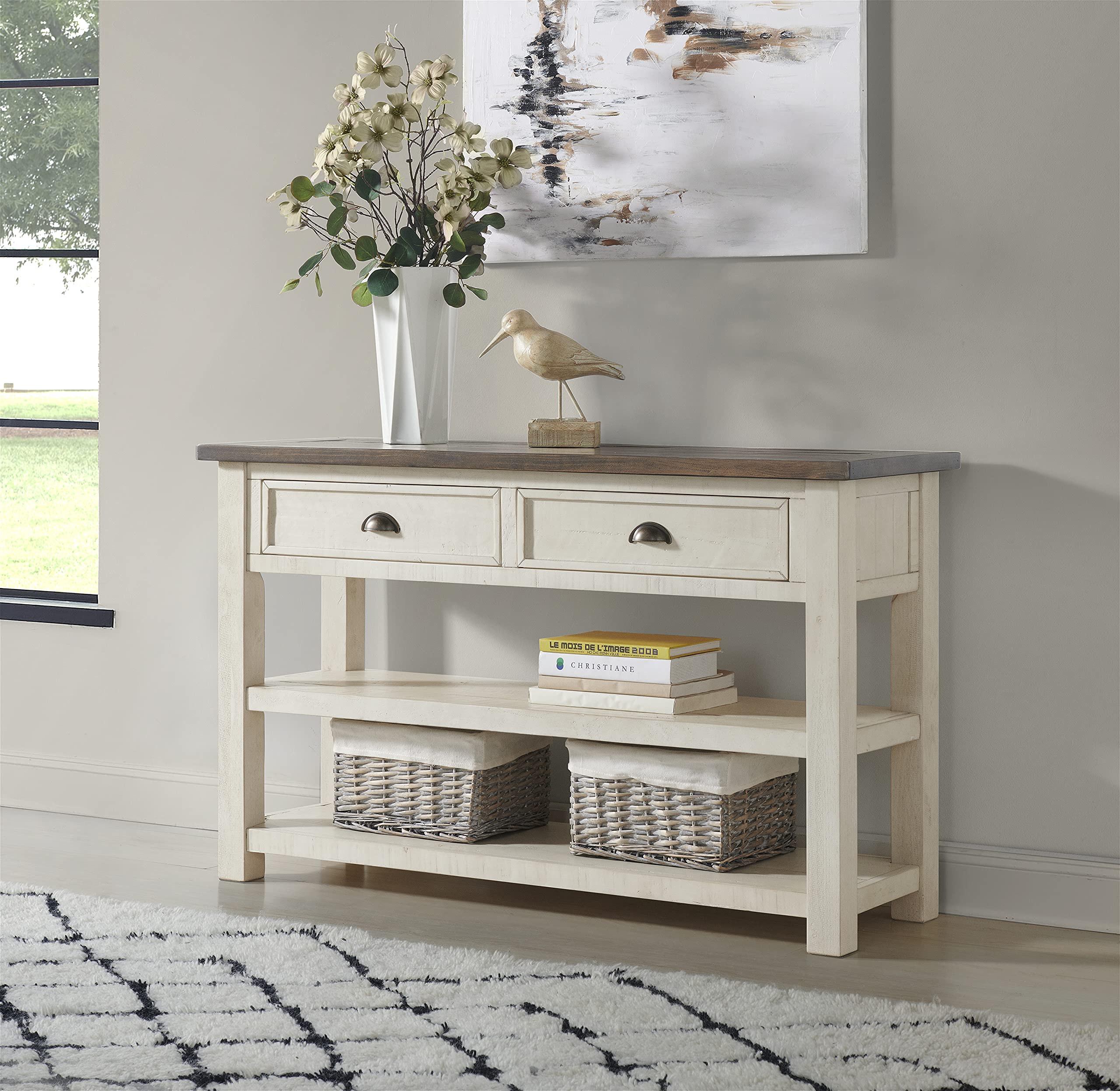 Martin Svensson Home Solid Wood Sofa Console Table, Cream White with Brown Top